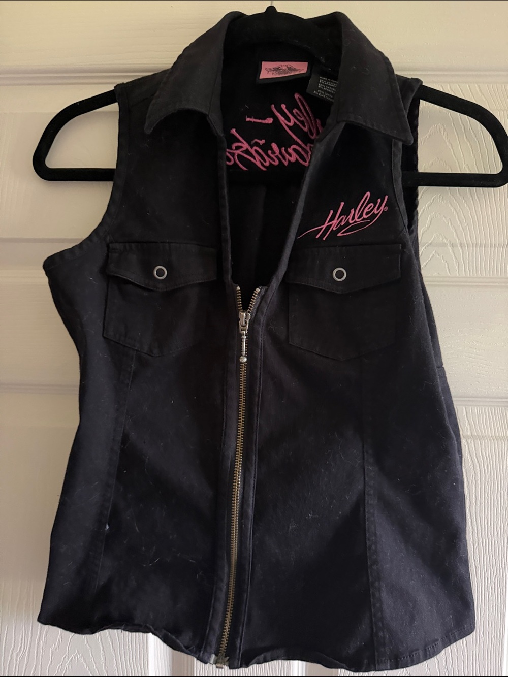 Harley-Davidson Black Women's Zip Vest with Pink Script Logo